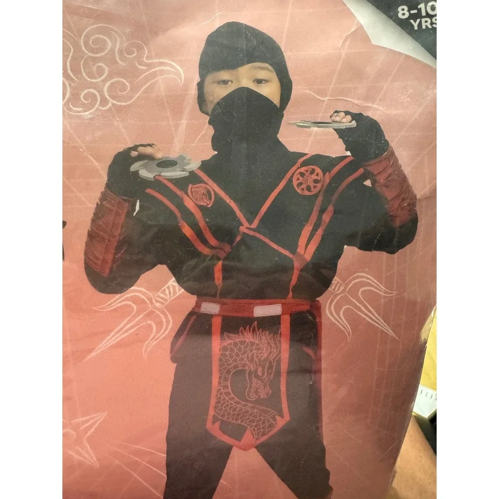 Ninja Costume Kids Size M 8-10 Red Dragon Black Halloween Warrior B2 #2
